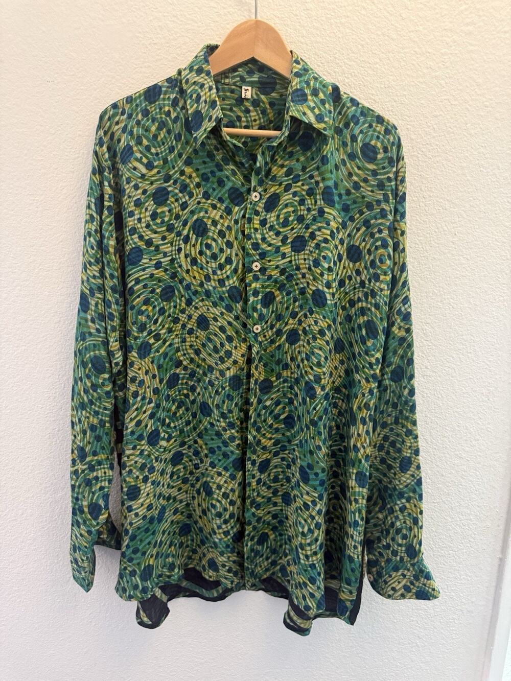 Vintage Abstract Art Print Button Up Blouse Green Blue Long Sleeves 26x32